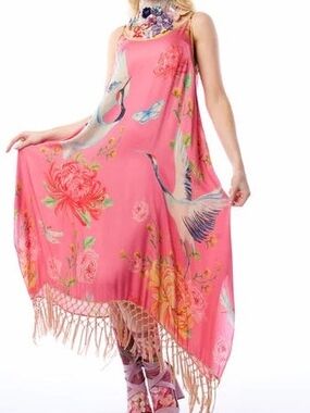 Aratta Pink Floral Legend Of The Crane Fringe Dress S